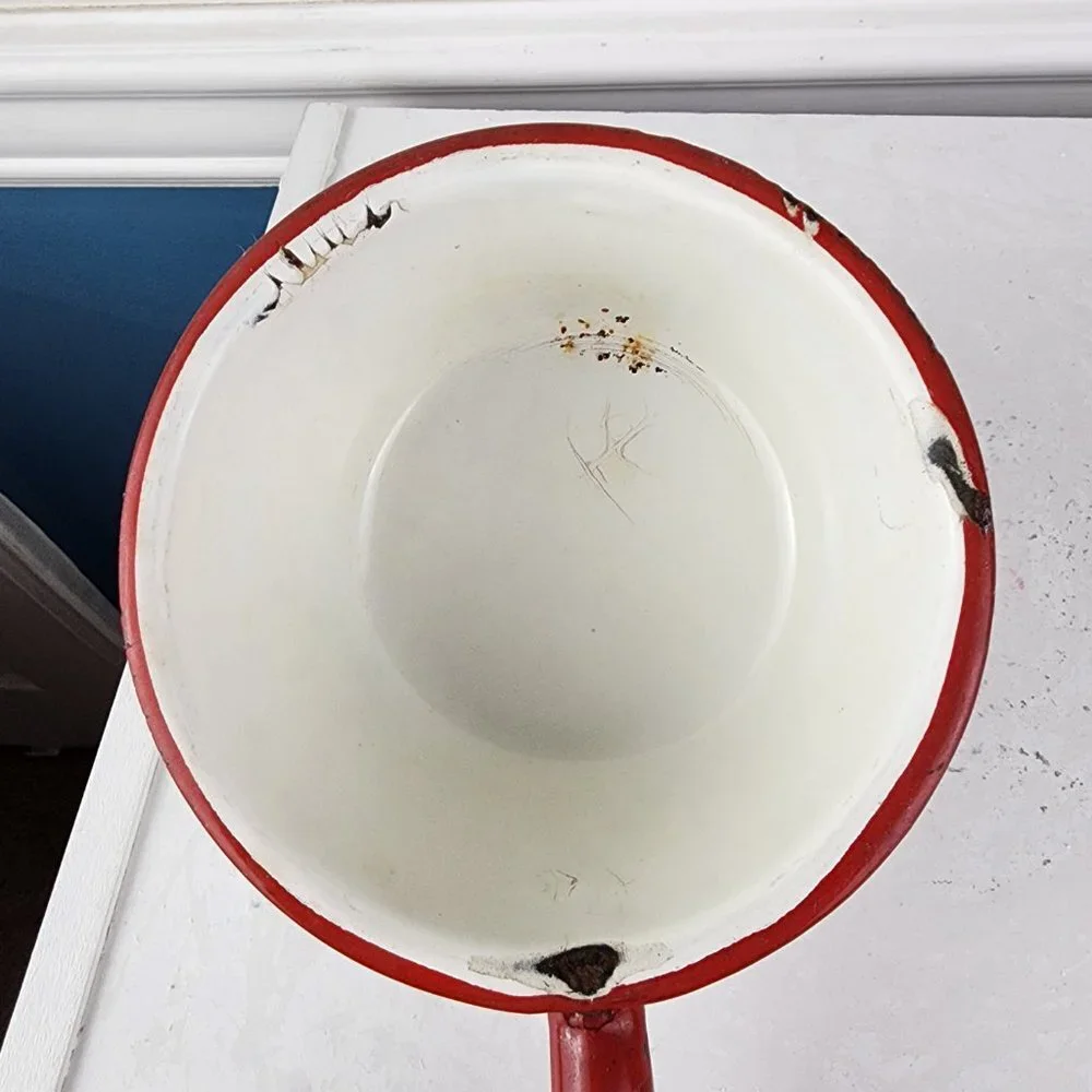 Vintage Red Long Handled Scoop Enamelware Farmhouse